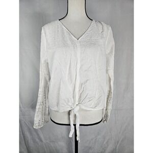 Forgotten Grace Large White Swiss Dot Eyelet Balloon Sleeve Tie Front Top